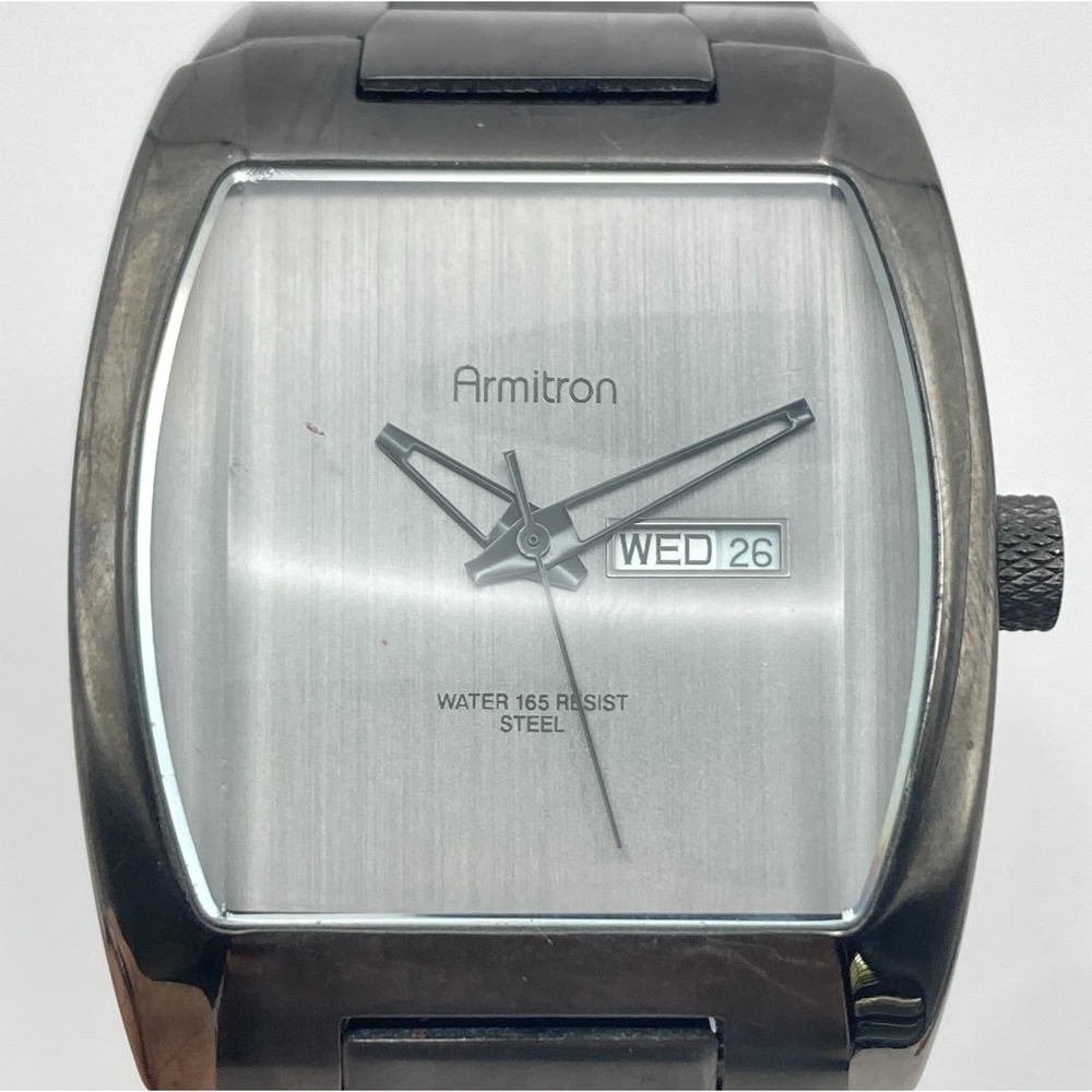 Armitron Mens Watch 39mm Gunmetal Grey Day Date Minimal 50M New Battery 7.75"
